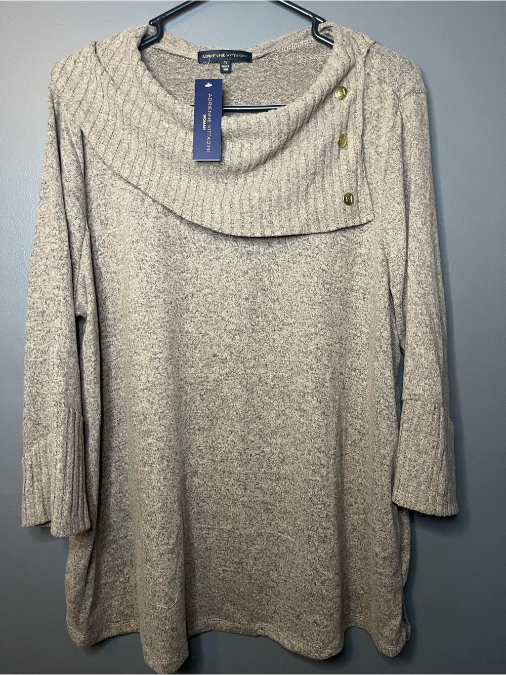 Adrienne Vittadini Oatmeal Cowl Neck Sweater with Button Detail
